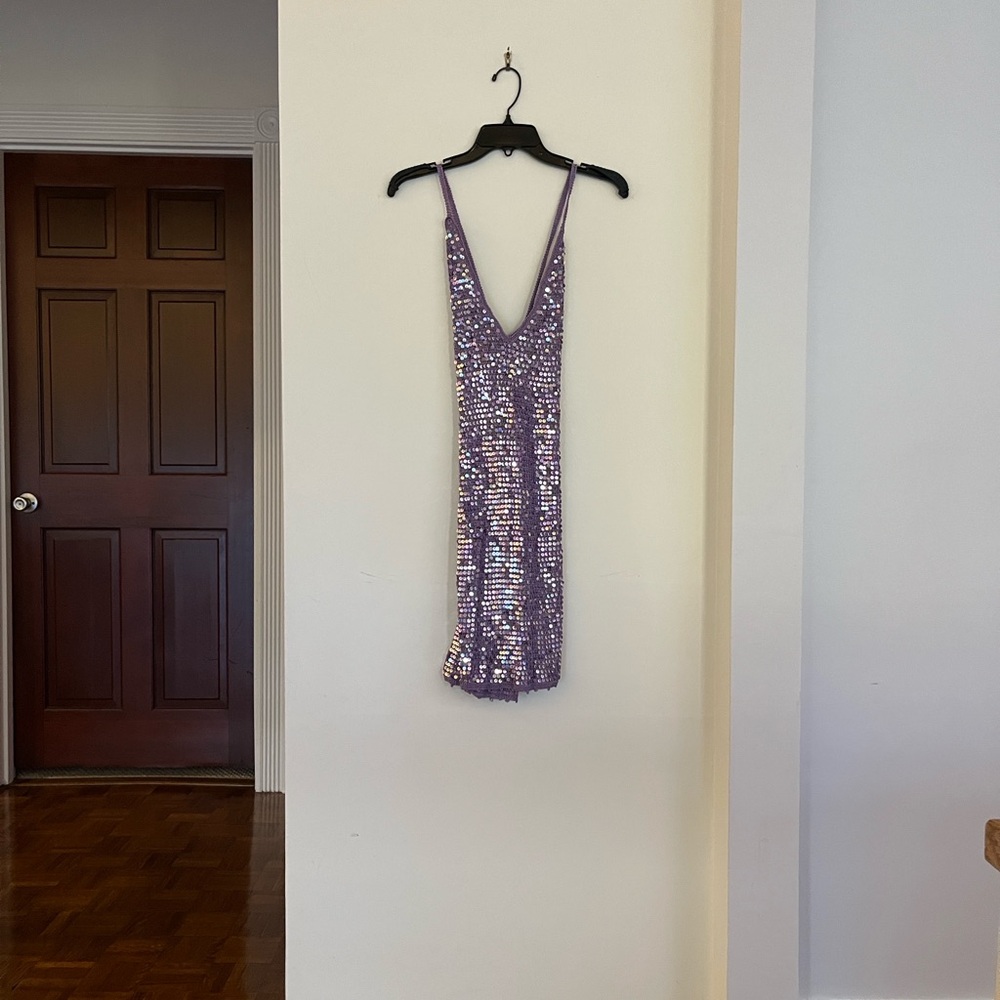 💜✨ NWT Retrofête Lavender Sequin Mini Crochet “Elliance” Dress – Size M/L ✨